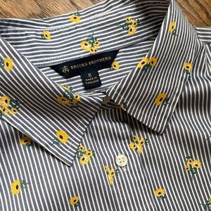 Brooks Brothers Navy Striped Shirt with Yellow Floral Accents